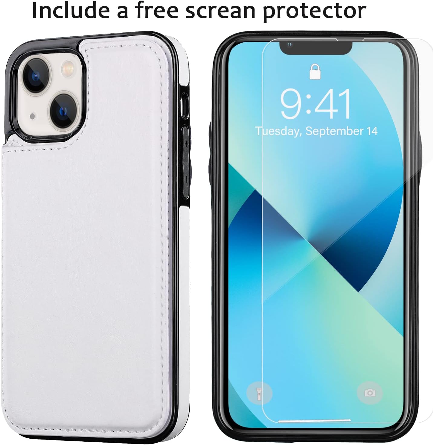 Wallet Case Compatible with iPhone 13,Slim Protective case with Card Holder,PU Leather Kickstand Card Slots Case with a Free Screen Protective Glass for iPhone 13(6.1")-White - Image 4