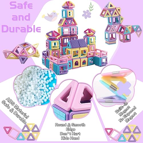 Miniatura 2 de ASOK Bloque de construcción magnético, 155 piezas de azulejos magnéticos educativos, aprendizaje y desarrollo, juego de juguetes de color macarrón