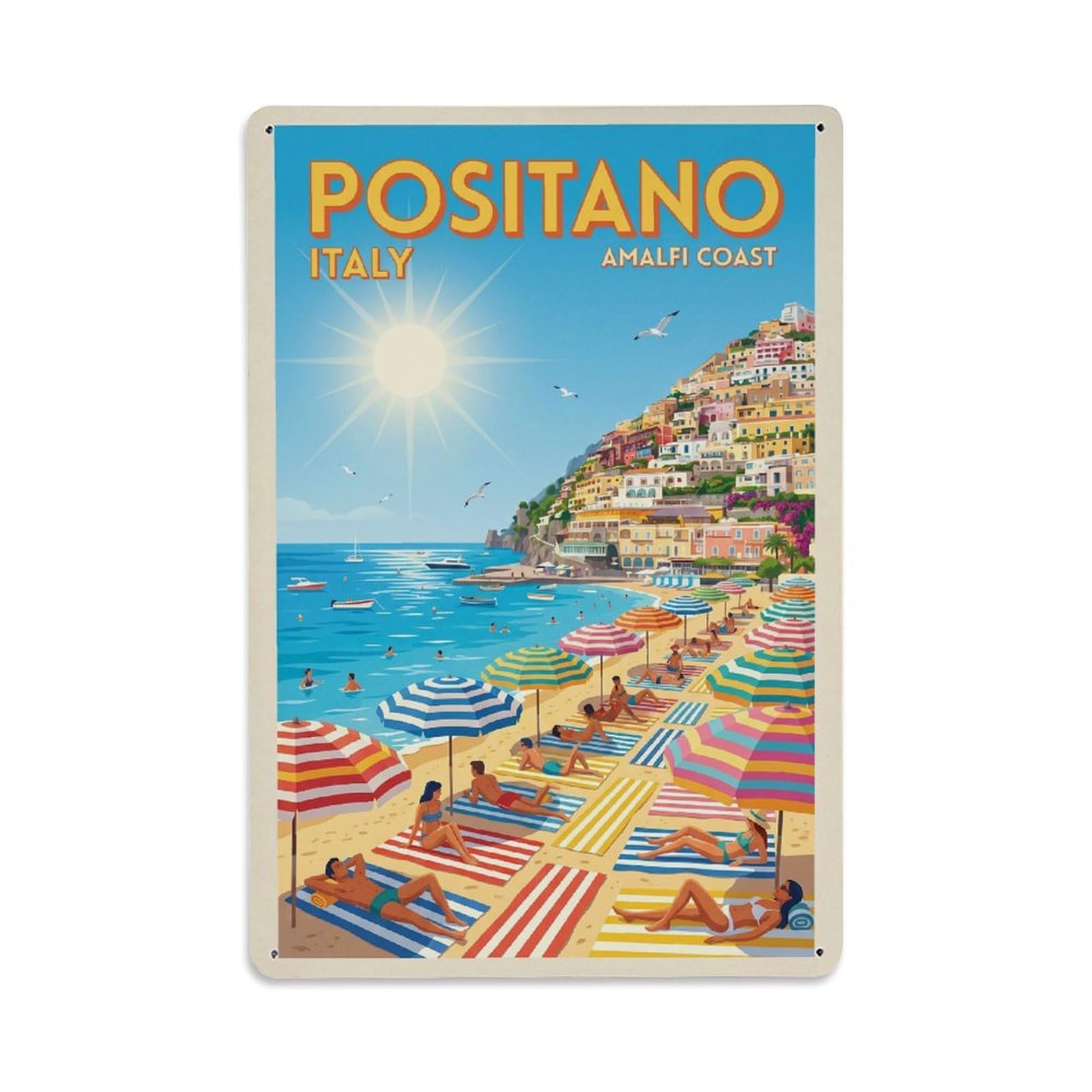 Vintage Travel Positano Italy Summertime Metal Tin Sign Plaque Wall Decor for Cafe, Club Bar, Office, Garden Metal Poster 8x12Inch