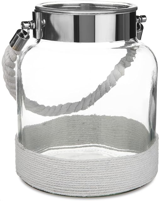 LIVIVO Stunning Vintage Glass Hurricane Candle Lantern Light Jar With Weaving Jute Rope Perfect Indoor Outdoor Garden Decoration Living Room Home Office (White)