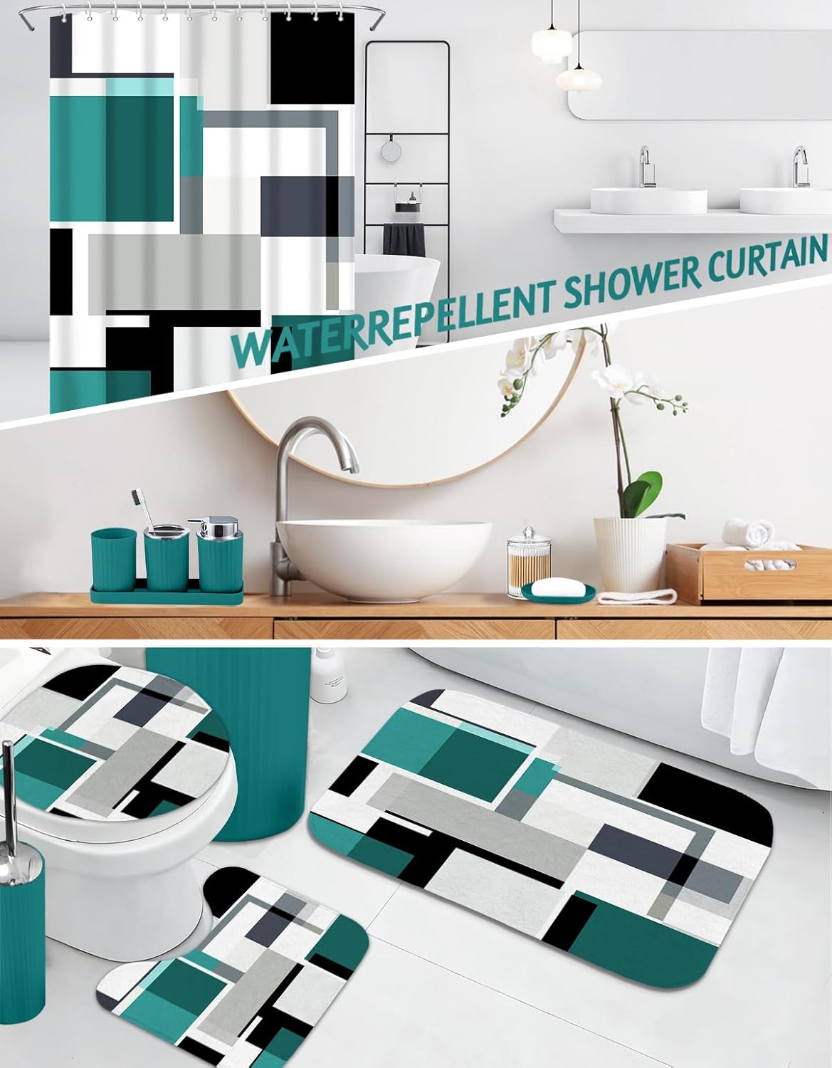 Lnond Teal Bathroom Set, 24 Piece Turquoise Modern Bathroom Decor Set with with Shower Curtain and Rugs, Trash Can, Toilet Brush Holder Set & Soap Dispenser