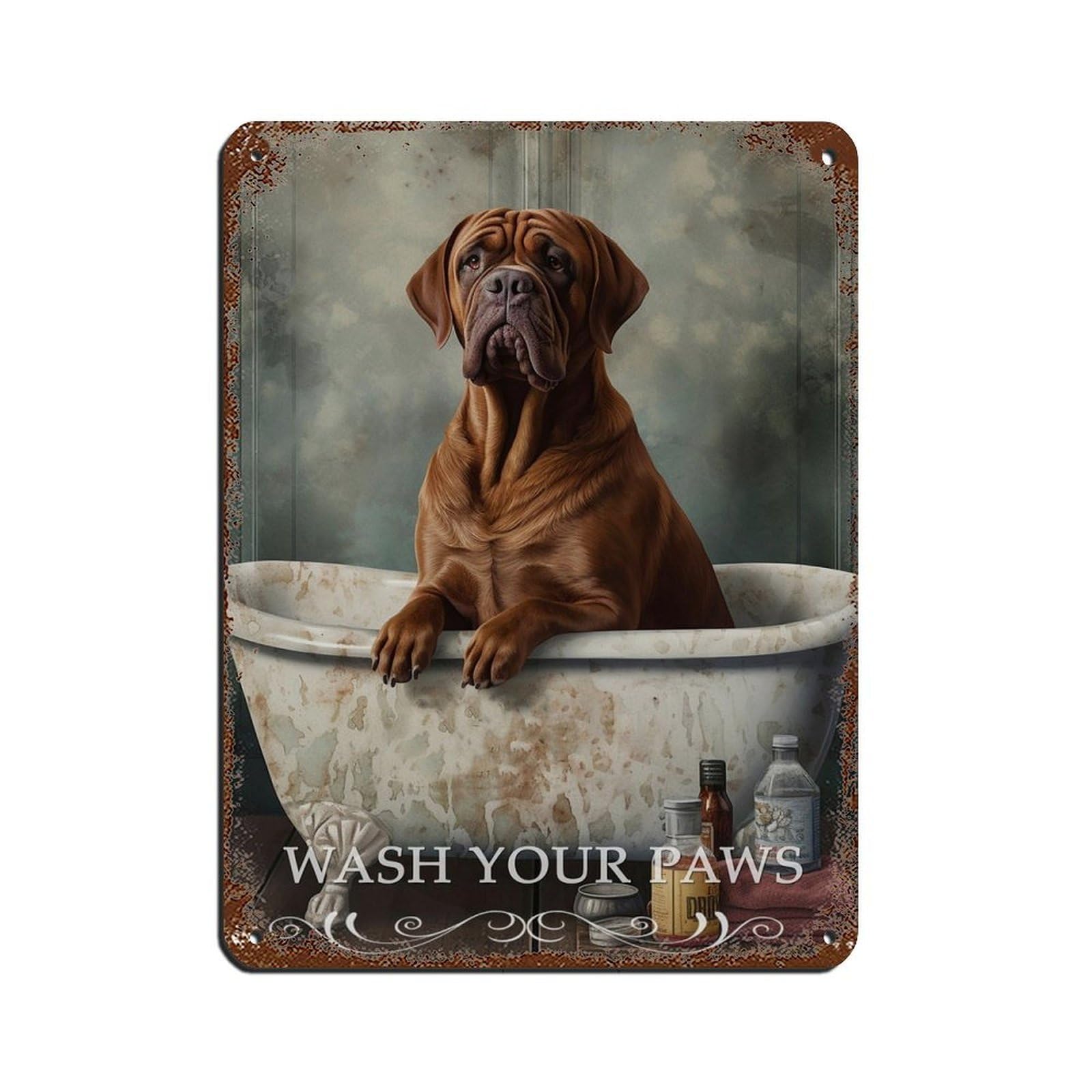 Dogue De Bordeaux in Bath Fun Bathroom Art Tin Sign Vintage Metal Pub Club Cafe Bar Home Wall Art Decoration Poster Retro 12x16inch(30x40cm)