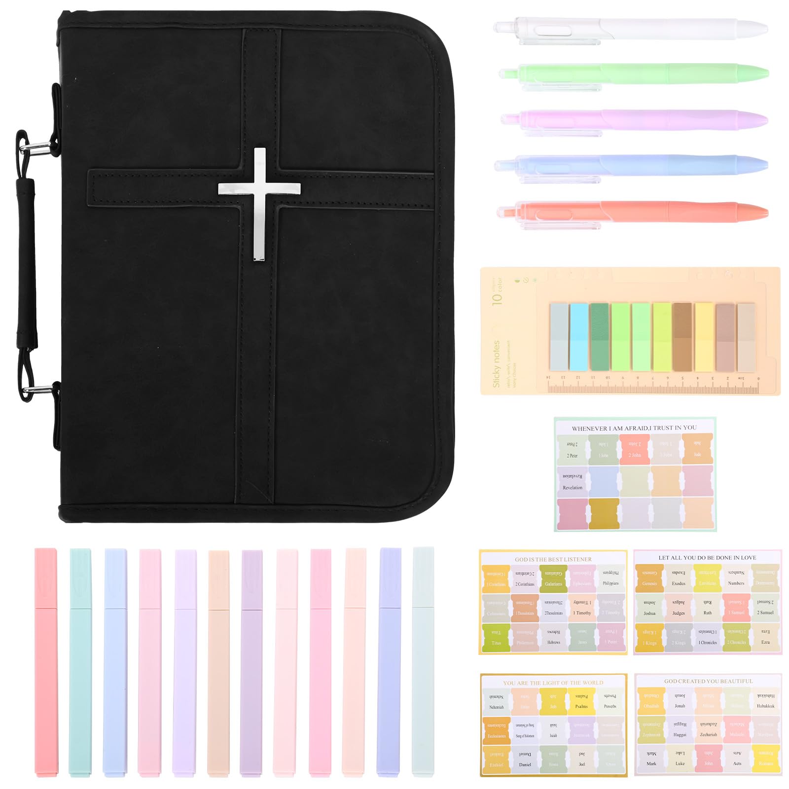 PU Leather Bible Cover Case, Large Book Cover Case with Cross Design, Book Organizer Bag with Phone Pocket,Handle and Zip for Men Women(Black)