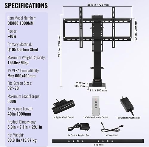 Miniatura 8 de VEVOR Longitud de la carrera de elevación de TV motorizada de 39.4 pulgadas, soporte de TV motorizado para elevador de TV de 32 a 70 pulgadas con