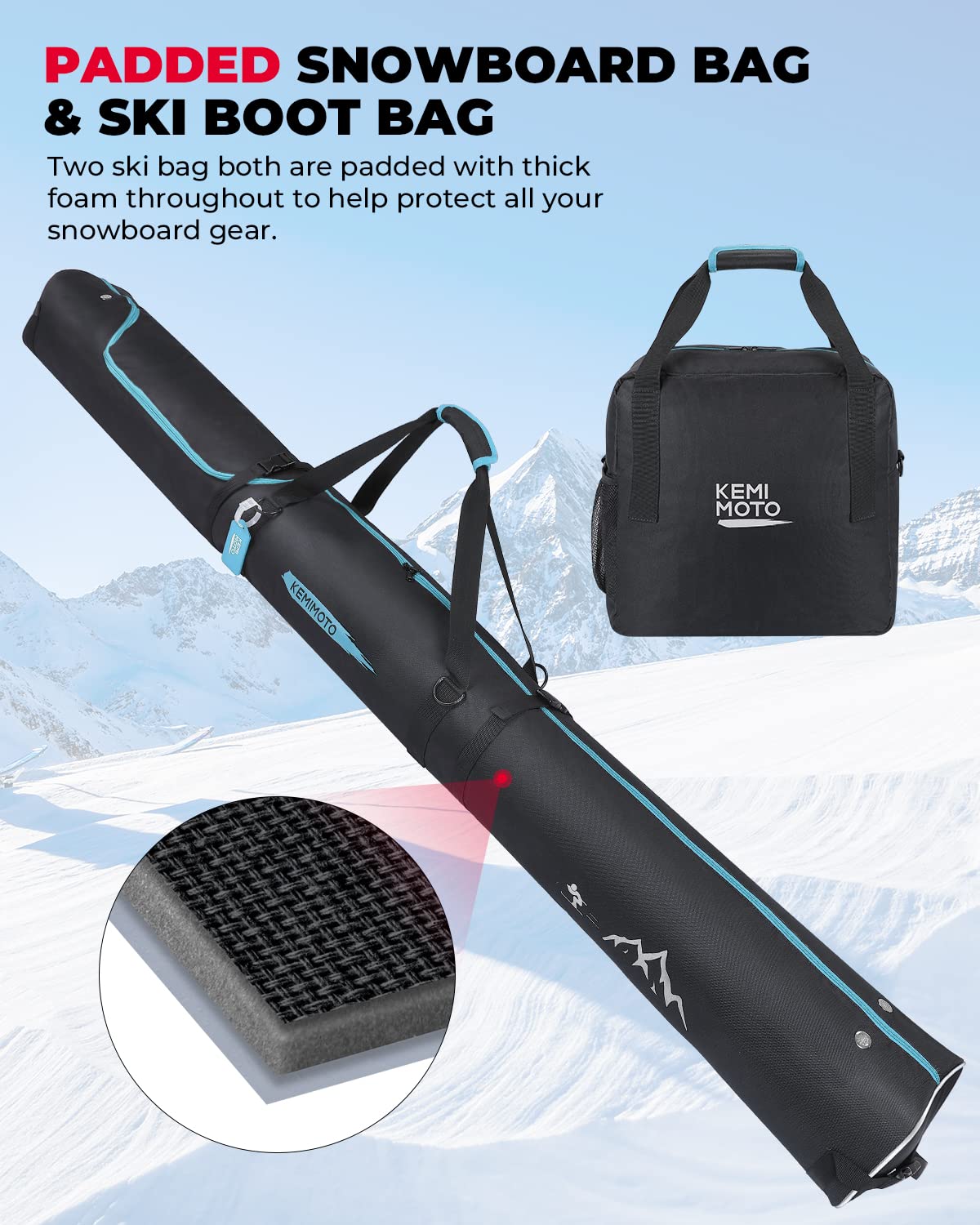 KEMIMOTO Skitasche und Skischuhtasche Combo, Stiefeltasche für Ski bis 200cm, 25L Skischuhtasche für Skiausrüstung, wasserdichte Skisack mit Lüftungsgitter, Robuste Skibag für Skifahren