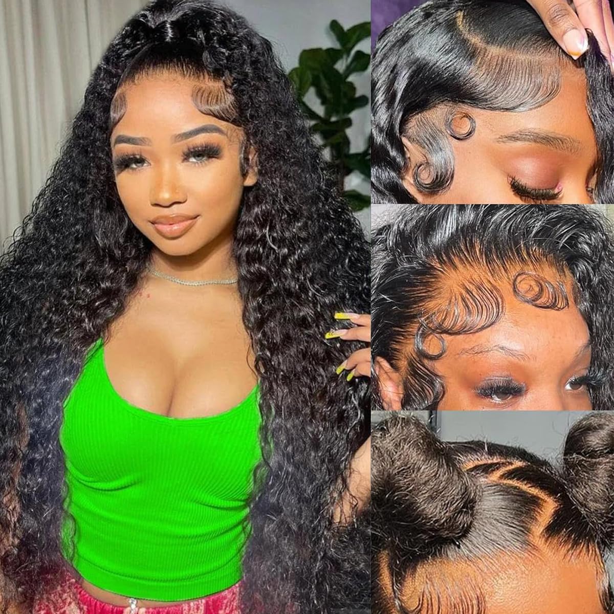13x6 Deep Wave Lace Front Wigs Human Hair 30 Inch Deep Curly HD Transparent Lace Frontal Wigs Human Hair 200% Density Deep Curly Glueless Wigs Human Hair Pre Plucked with Baby Hair Natural Black