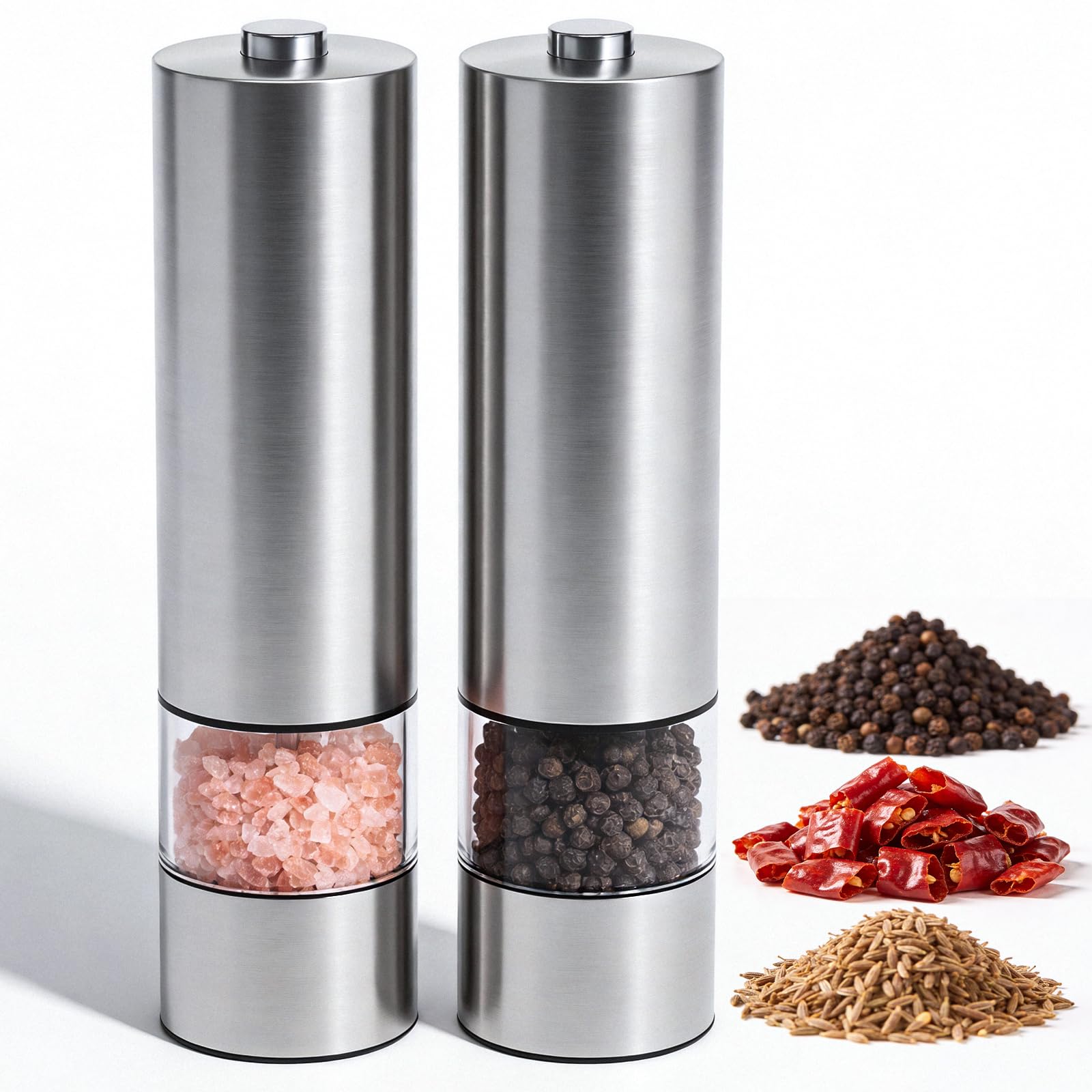 2 Pezz Macina Sale e Pepe Elettrica Macinapepe in Acciaio Inossidabile Macinapepe Elettrico,Luce LED e Rugosità Regolabile (Acciaio Inox 02)