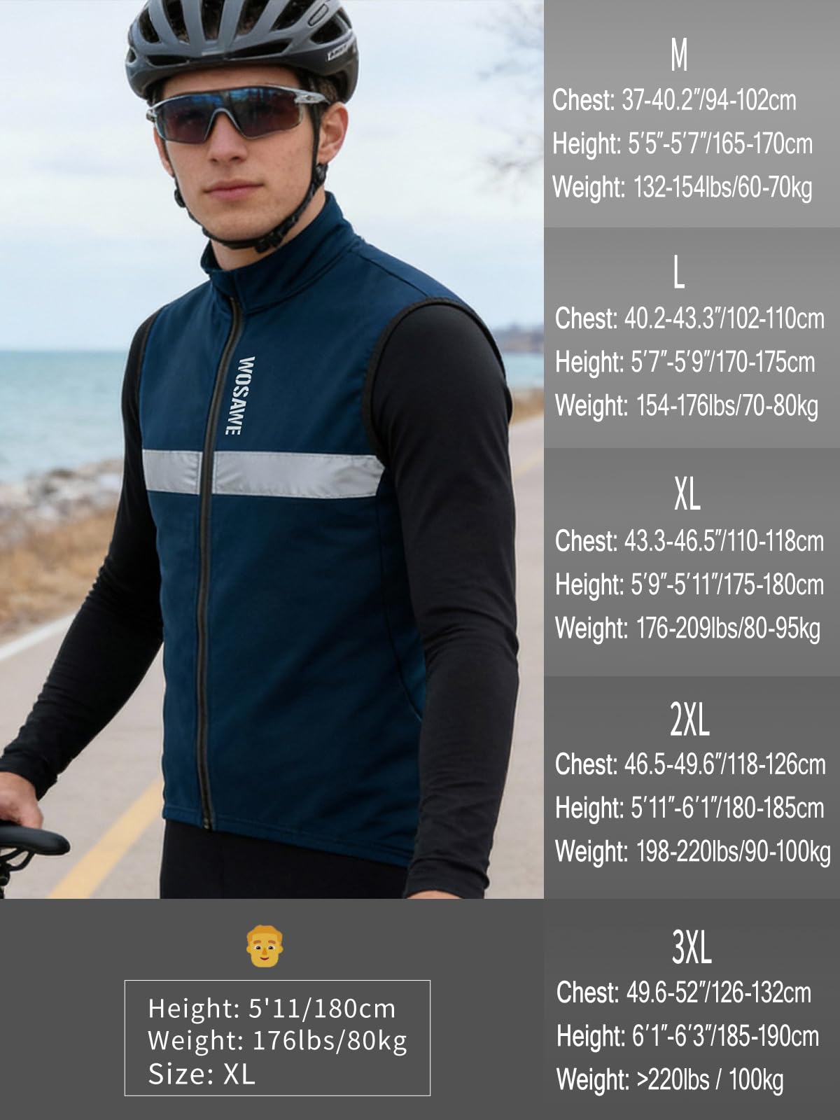 WOSAWE Chaleco de forro polar para hombre, sin mangas, para ciclismo, reflectante, cortavientos