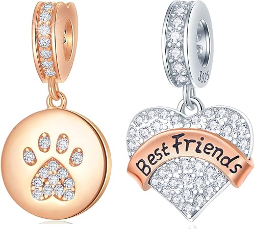 GEMDAZZ Juego de 2 dijes con estampado de pata de oro rosa y corazón de Best Friend Forever en plata de ley 925, pulsera de bricolaje, regalo para