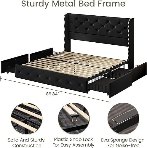 Miniatura 121 de LARMACE - Marco de cama tamaño King con 4 cajones de almacenamiento y cabecera tapizada con botones, cama de plataforma tapizada en lino con