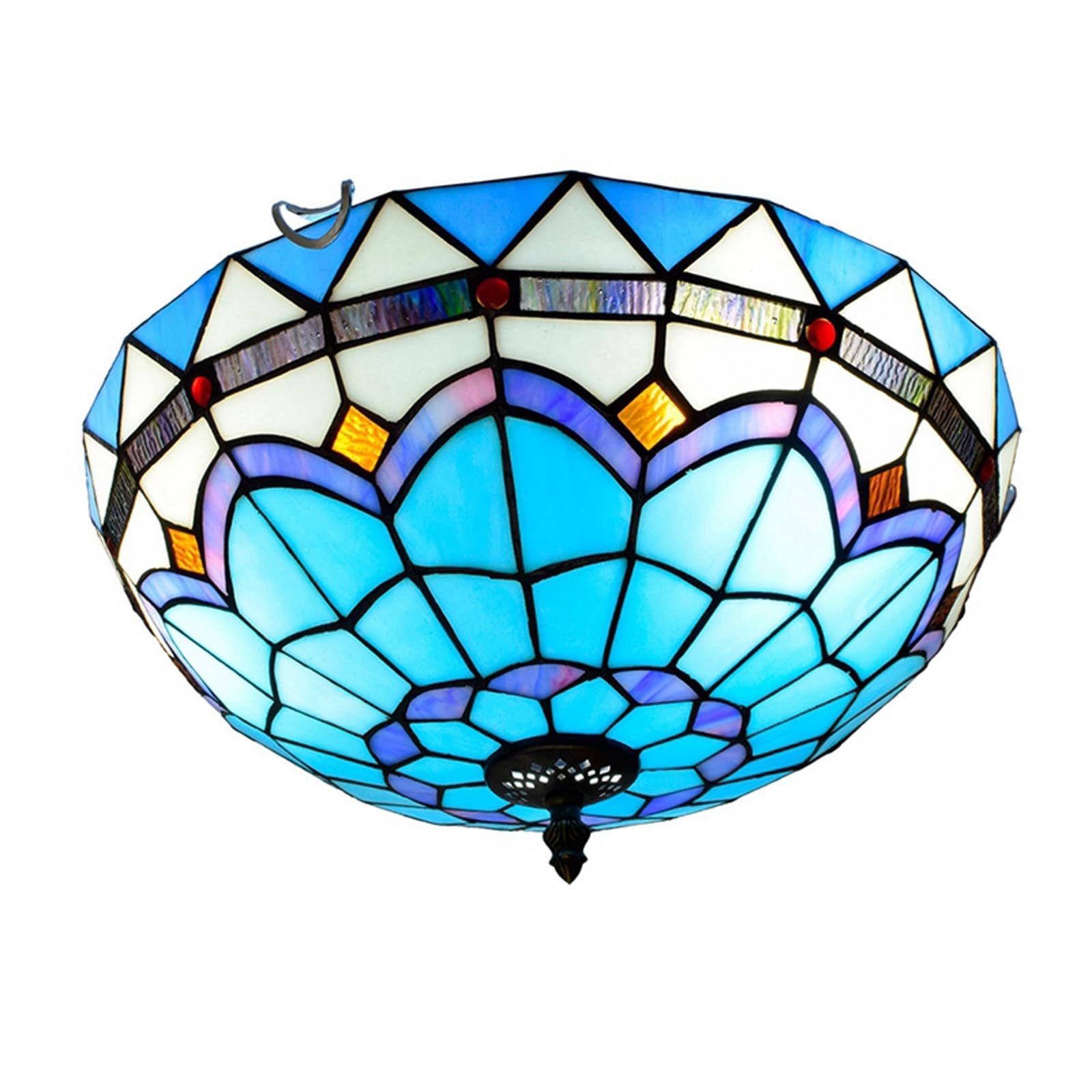 HJRegaFimu 16 Inches Flush Mount Ceiling Light Blue Feathers Stained Glass Uplighter Lamp Vintage Style Deco Large Chandelier For Living Dining Room Bedroom Corridor