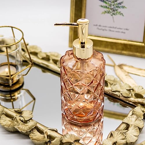 Miniatura 6 de Dispensador de jabón de vidrio naranja transparente con bomba dorada, dispensador de jabón de 12 onzas para cocina, jabones de manos, lociones,