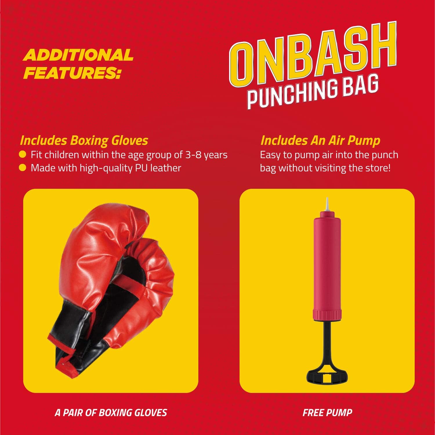 Punching Bag Set for Kids with Boxing Gloves & Hand Pump - 3-8 Years Old Adjustable Kids Punching Bag with Stand - Top Gifting Idea for for Girls & Boys- Portable & Long-Lasting