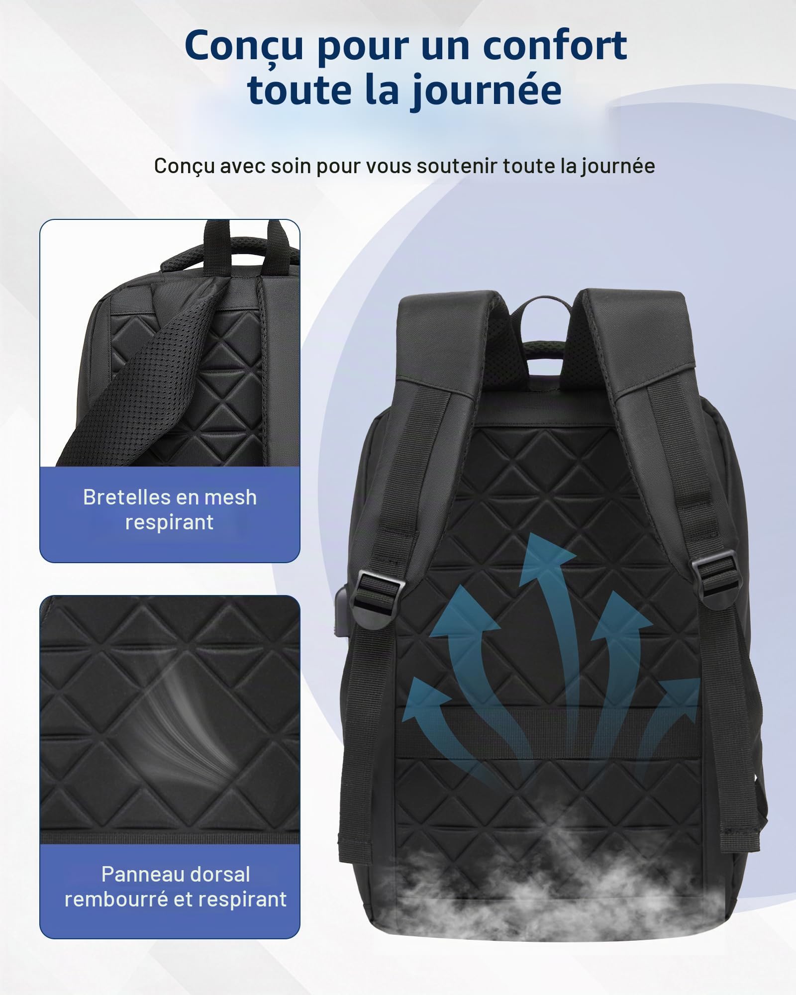 Sac à Dos Ordinateur 15,6 Pouces Homme Femme, Léger avec Port USB, Sac a Dos de Travail pour Voyage, Bureau, Université, Quotidien (Noir)