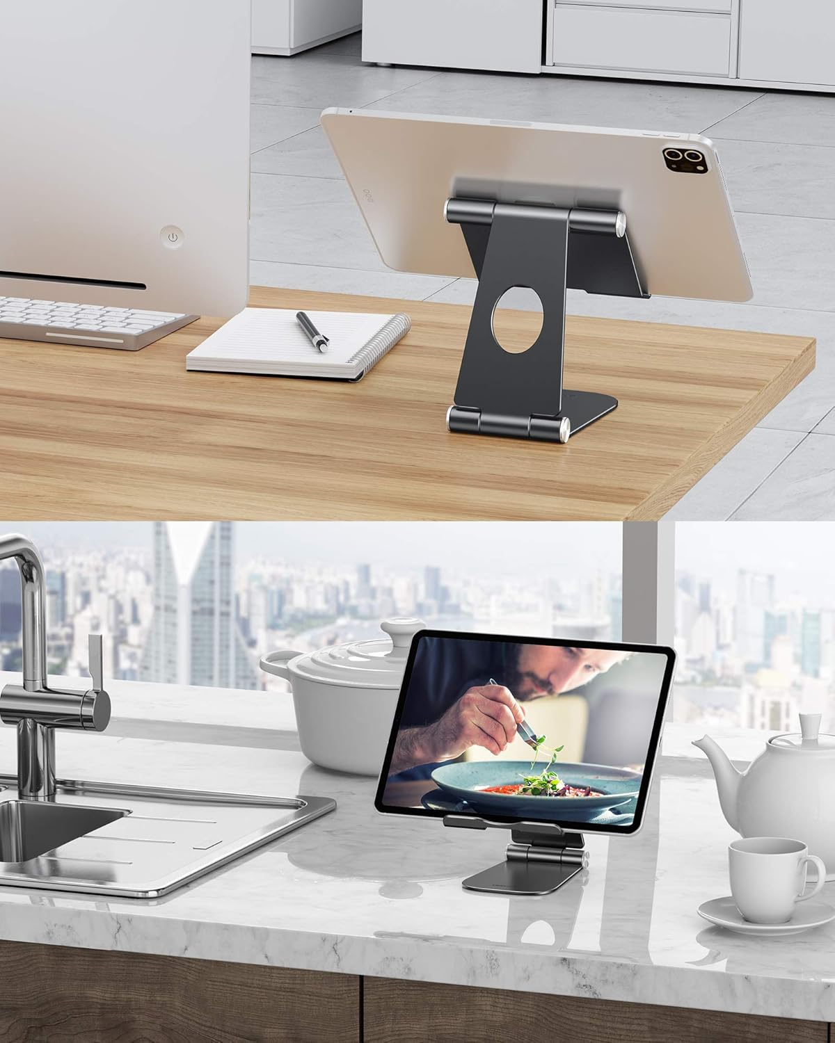 Bеѕt Quаlіtу 🔥 Fully Foldable Tablet Stand, OMOTON iPad Stand, Adjustable Desktop Aluminum Tablet Holder Stand Compatible with New iPad(10.2)/iPad Air/iPad Pro/iPad Mini, Samsung Tablets, and Phone,Black