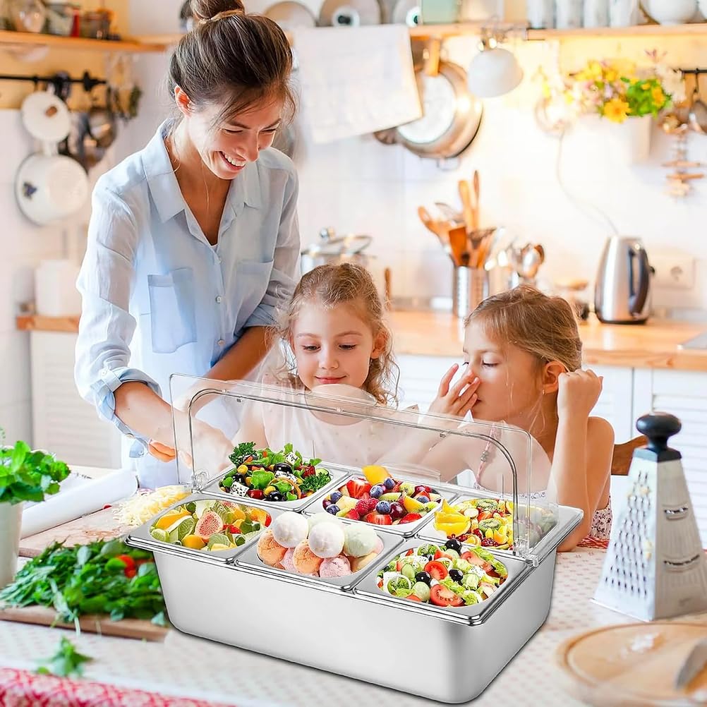 Vitrina refrigerada para ensaladas y especias, de acero inoxidable contenedor expositor de sobremesa para alimentos con hielo ideal para restaurantes, hoteles (6 compartimentos)