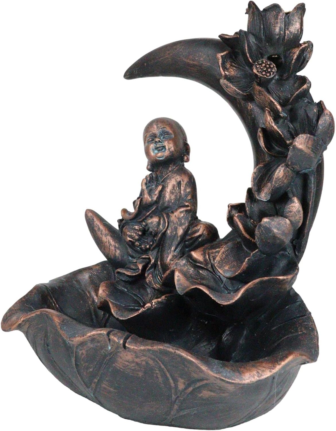 Ebros Gift Eastern Enlightenment Buddha Monk Meditating On Crescent Lotus Moon with Padme Flower Basin Backflow Incense Cone Burner Smoke Waterfall Holder Figurine Buddhism Feng Shui Zen Accent