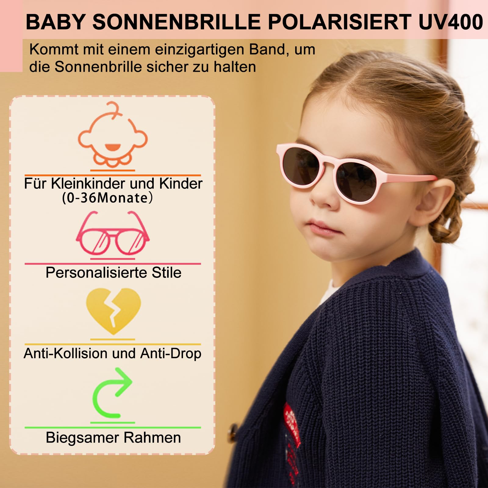 lunettes de soleil bébé 0-36 mois, Protection UV400 Polarisée, avec étui à lunettes de soleil et chiffons de nettoyage, bandeau ajustable, monture polarisée flexible - Pour Enfant