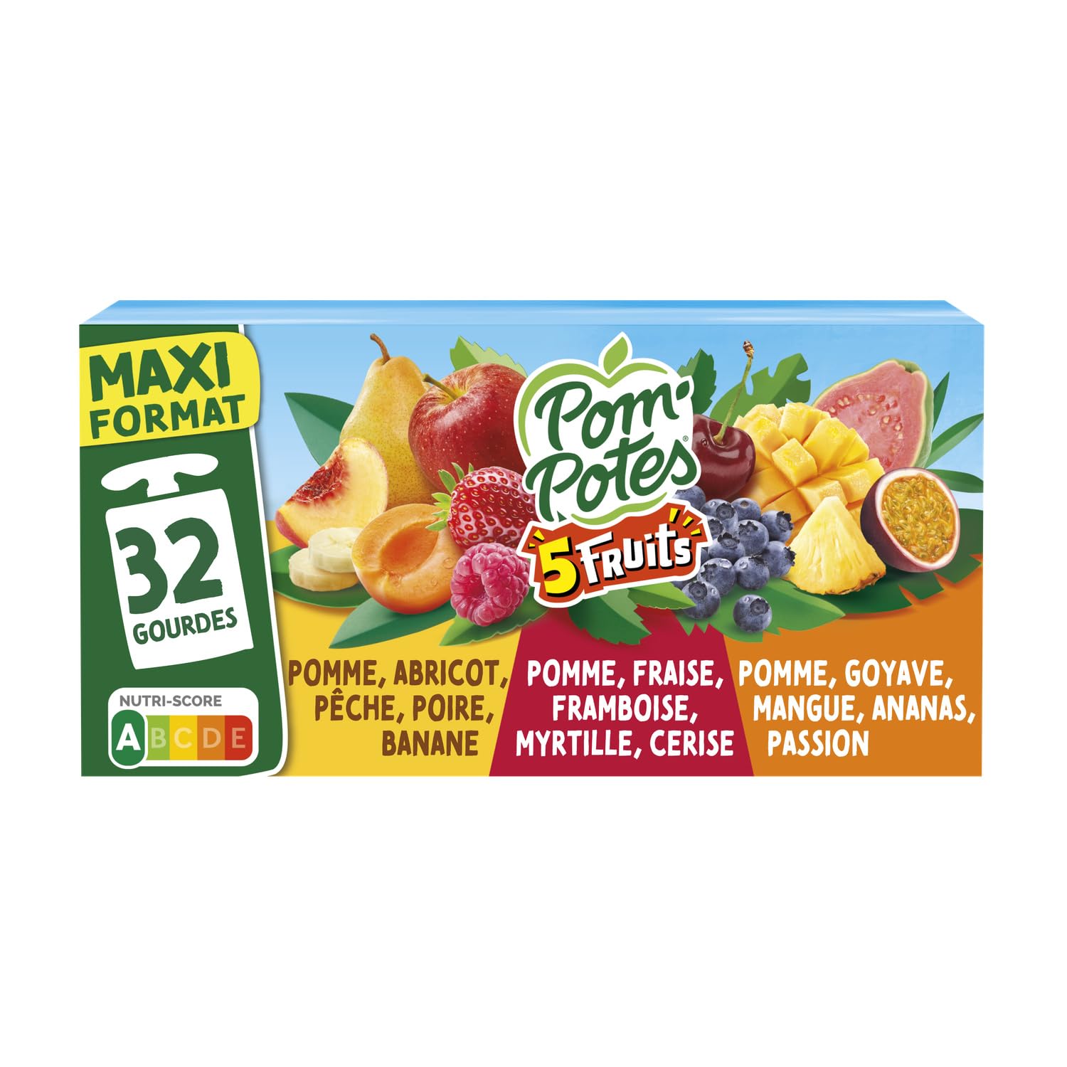 Maxi format 32 gourdes sans sucres ajoutés POM'POTES 5 Fruits : pomme abricot pêche poire banane, fraise framboise myrtille cerise, goyave mangue ananas passion - Lot de 2