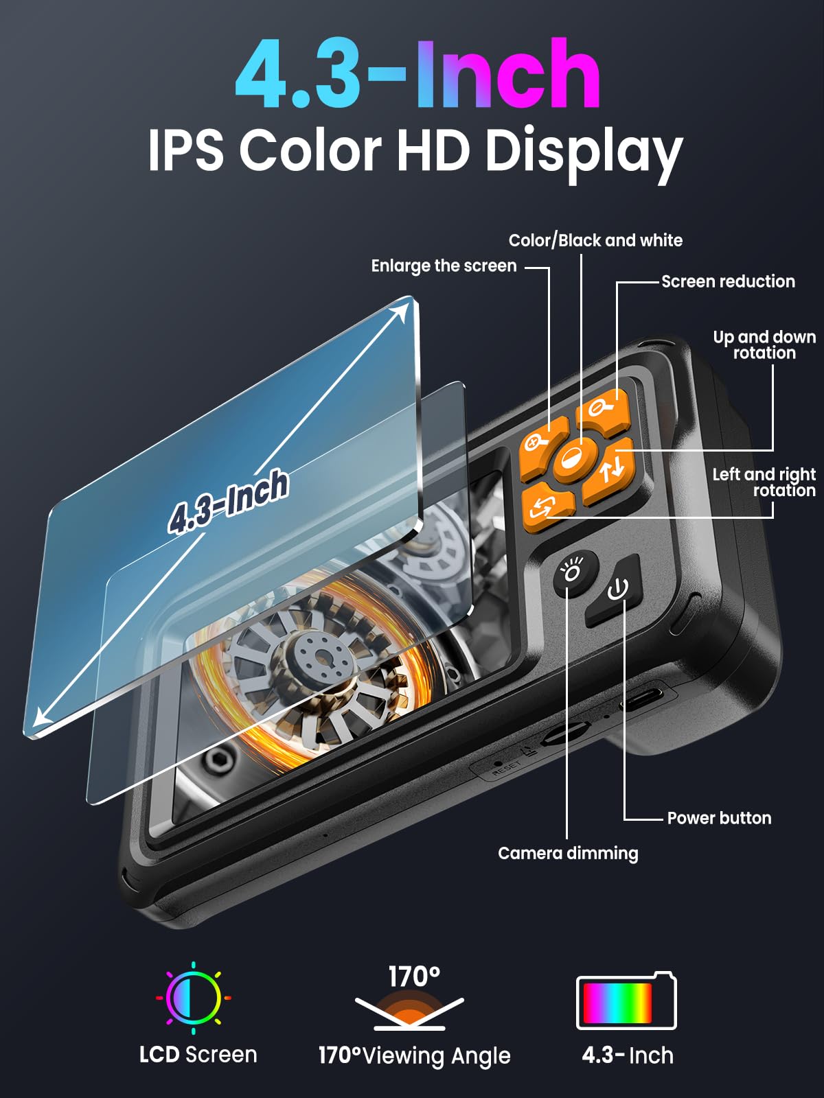 Endoscope Camera with Light, 4.3" IPS Screen 1080P Borescope with 8 LED Lights, Semi-Rigid Cable Snake Camera, IP67 Waterproof Sewer Inspection Men Tool - 16.5FT-Single Lens — Amazon image 2
