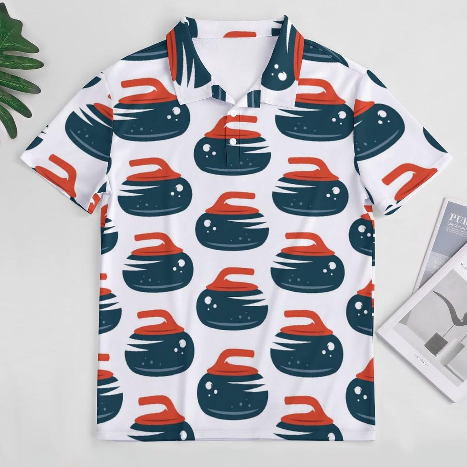 Curling Men's Golf Polo Shirts Short Sleeve Button Down T Shirt Slim Fit Graphic Tee Top