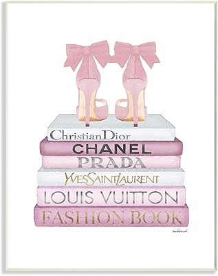 Stupell Industries Fashioner Shoes Bookstack Pink White Watercolor, Design by Artist Amanda Greenwood Wall Art, 10 x 15, Wood Plaque