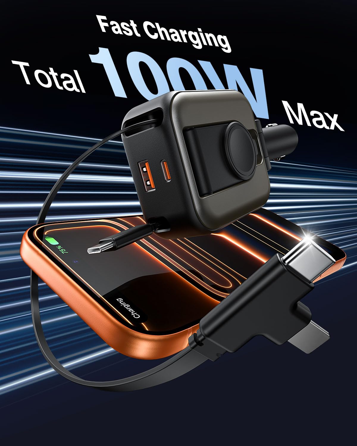 Cargador de coche retráctil 6 en 1, 100 W USB C + USB A de carga rápida para iPhone 17/16/15/14/13/12/11, iWatch, Android, accesorios esenciales de viaje, regalo para hombres y mujeres