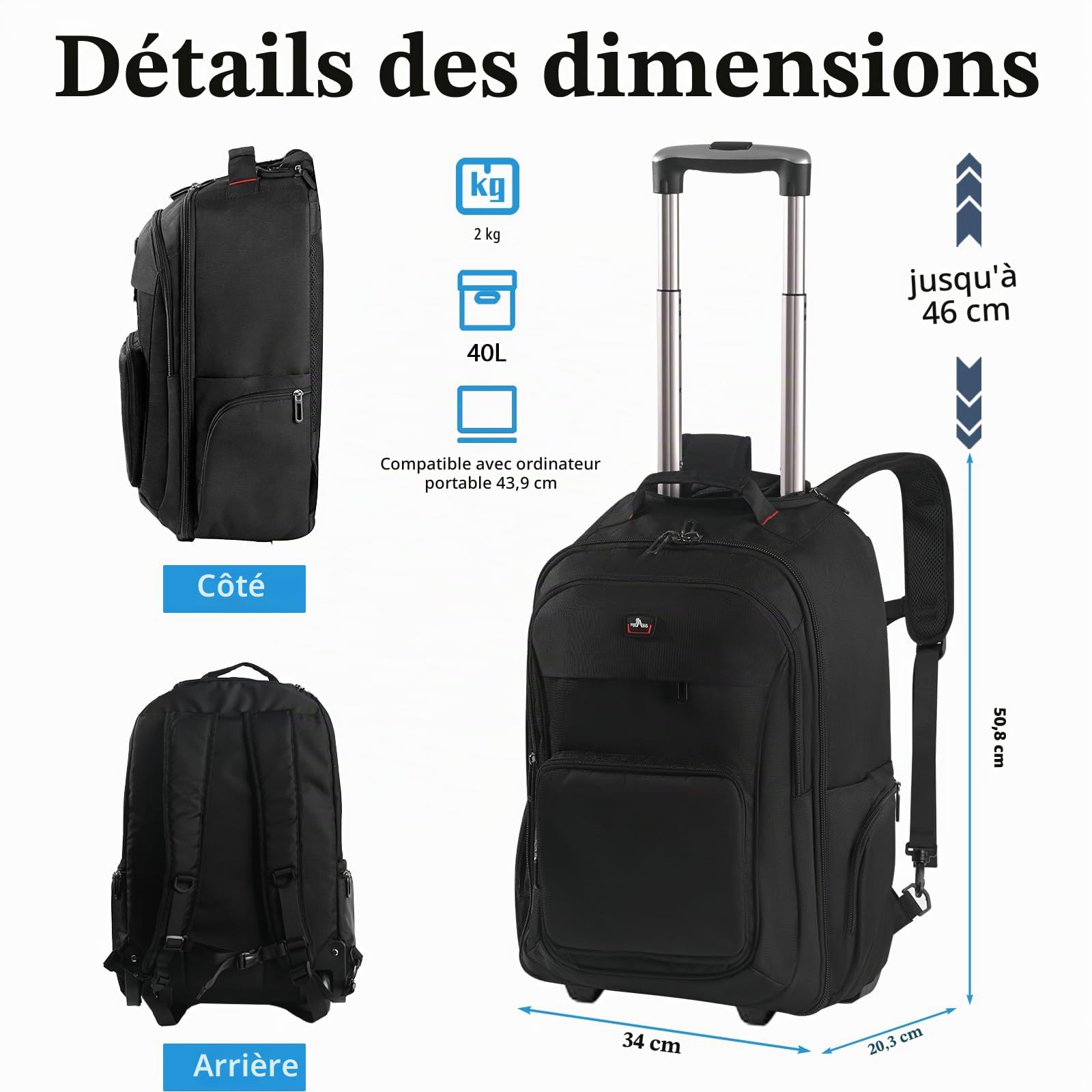 Sac à Dos à Roulettes 17,3 Pouces Bagage à Main Ordinateur Portable Noir Voyage