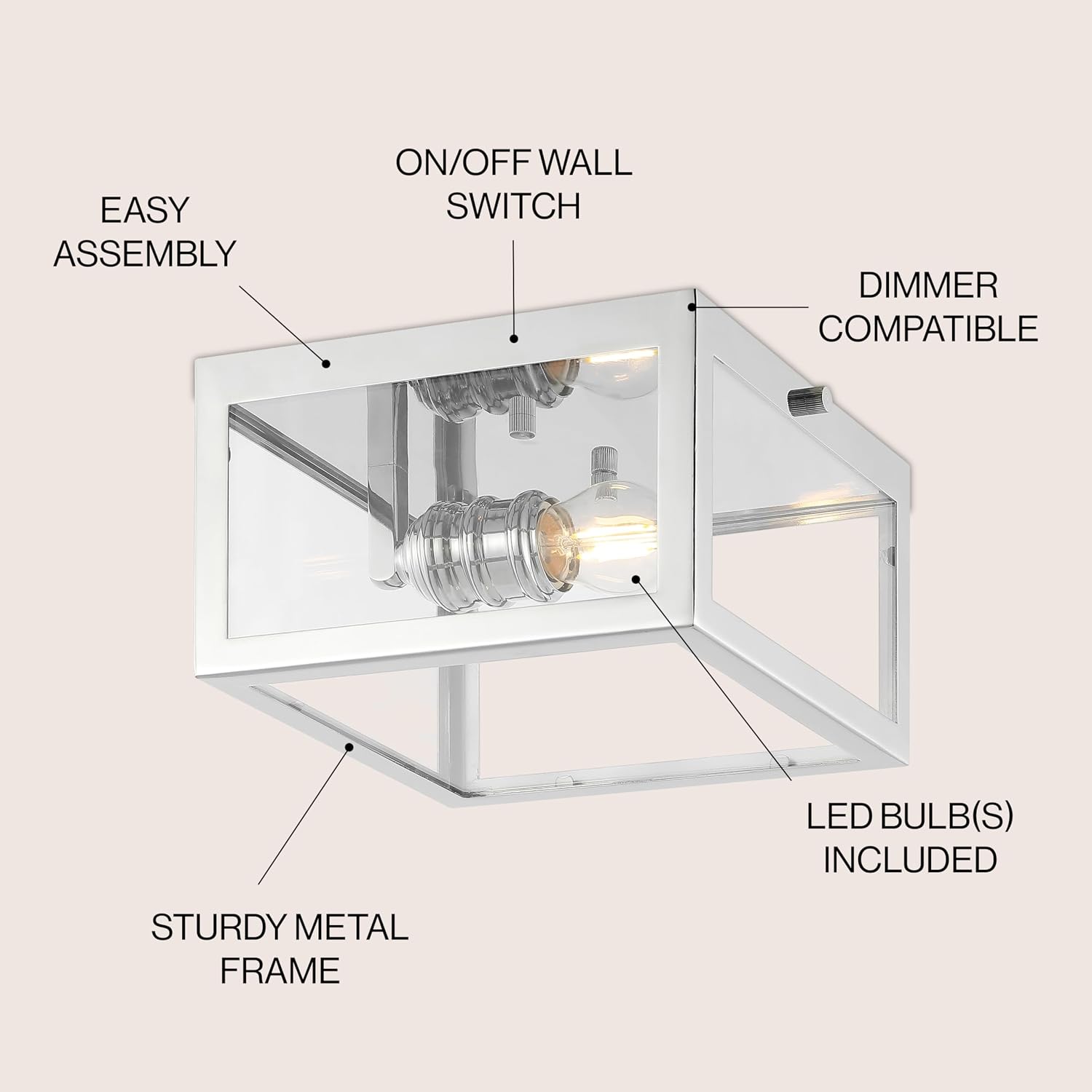 JONATHAN Y 8" Chrome 1-Light Farmhouse LED Flush Mount Ceiling Light for Bathroom Kitchen Hallway Entryway, Clear Glass Shade, 1 LED Bulb, ETL Listed, Dimmable (JYL9553B)