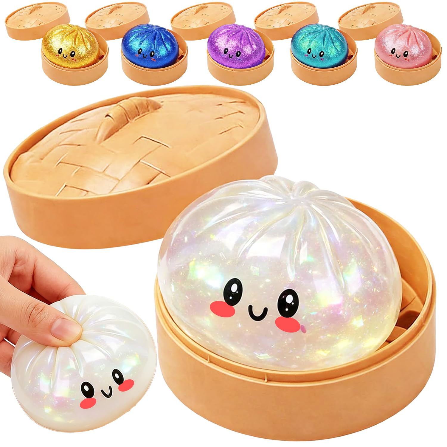 Dumpling Squishies Toy,Glitter Mystery Squishy Dumpling Box,Colorful Dumplings Stress Fidget Toys,Soft Anxiety Relief Sensory Squeeze for Toddler,Boys,Easter Basket Stuffers for Kids(Glitter Clear) - 2