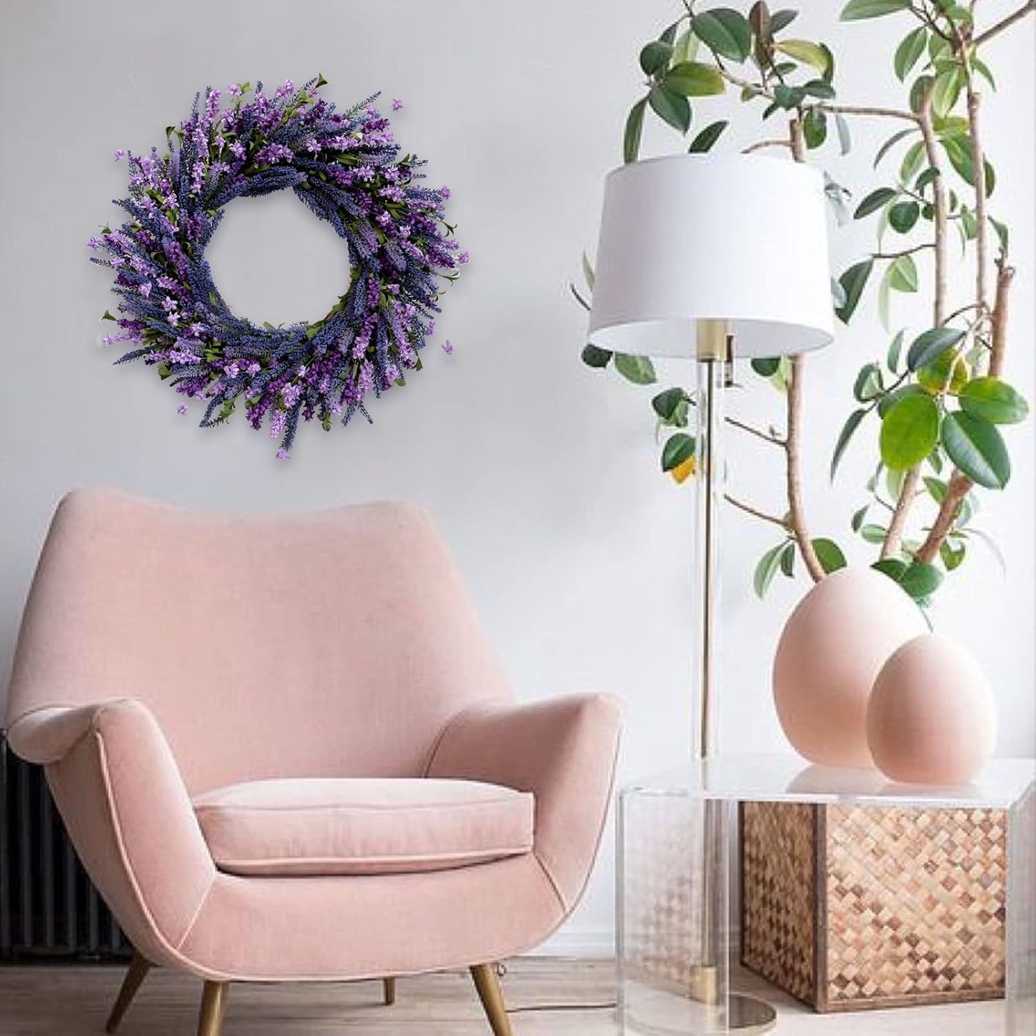 24 Inch Purple Lavender Flower Wreath for Front Door, Spring Summer Forsythia Lavender Flowers Wreath for Indoor and Outdoor Decor, Rustic and Farmhouse Purple for Home - Image 5