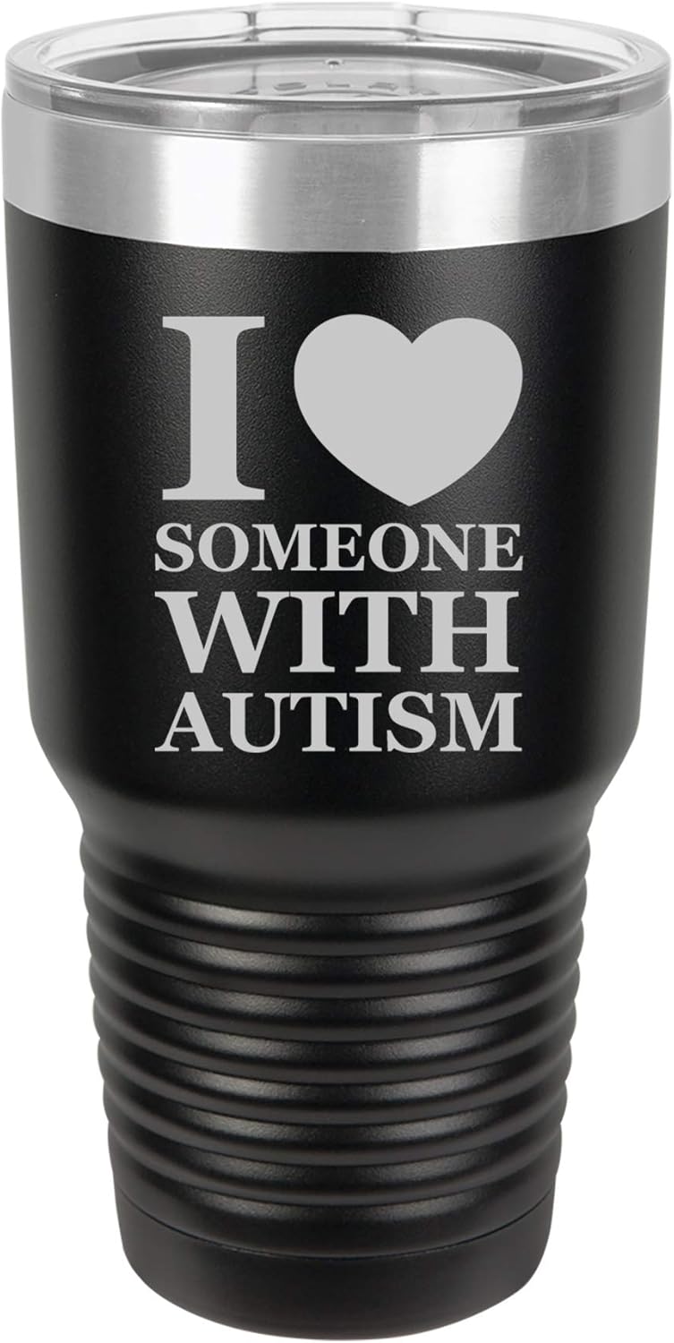 Tumbler Stainless Steel Vacuum Insulated Travel Mug I Love Heart Someone With Autism (Blue, 30 oz)