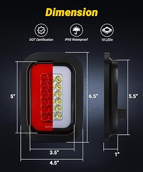 5x3 Rectangle LED Stop Brake Turn Tail Lights Reverse Backup Running Lights Halo LED Flatbed Truck Trailer Hitch Tail Lights w/Rubber Grommet 3 Prong Trailer Wire Pigtails Plug 4Pcs Red & 2Pcs White