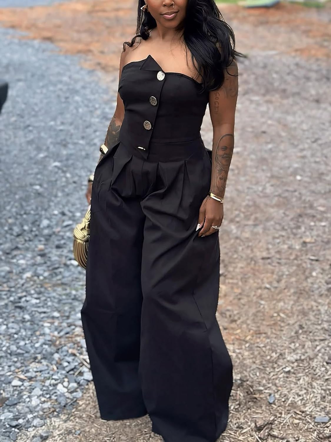 KANSOON Jumpsuits for Women Strapless Tube Top Wide Leg Long Pants Buttons Sexy One Piece Dressy Outfits - Image 8