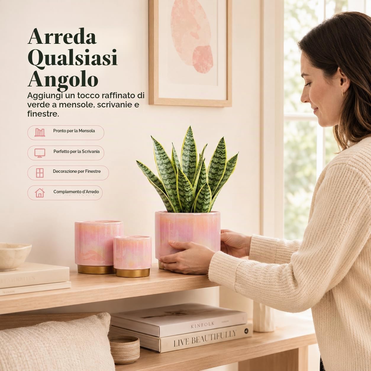 Gepege Vasi per piante da interno rosa per piante, fioriera in ceramica con foro di drenaggio, 15,2 cm + 12,7 cm + 10,2 cm. Vaso per fiori di orchidee succulente - Smalto arcobaleno perlato