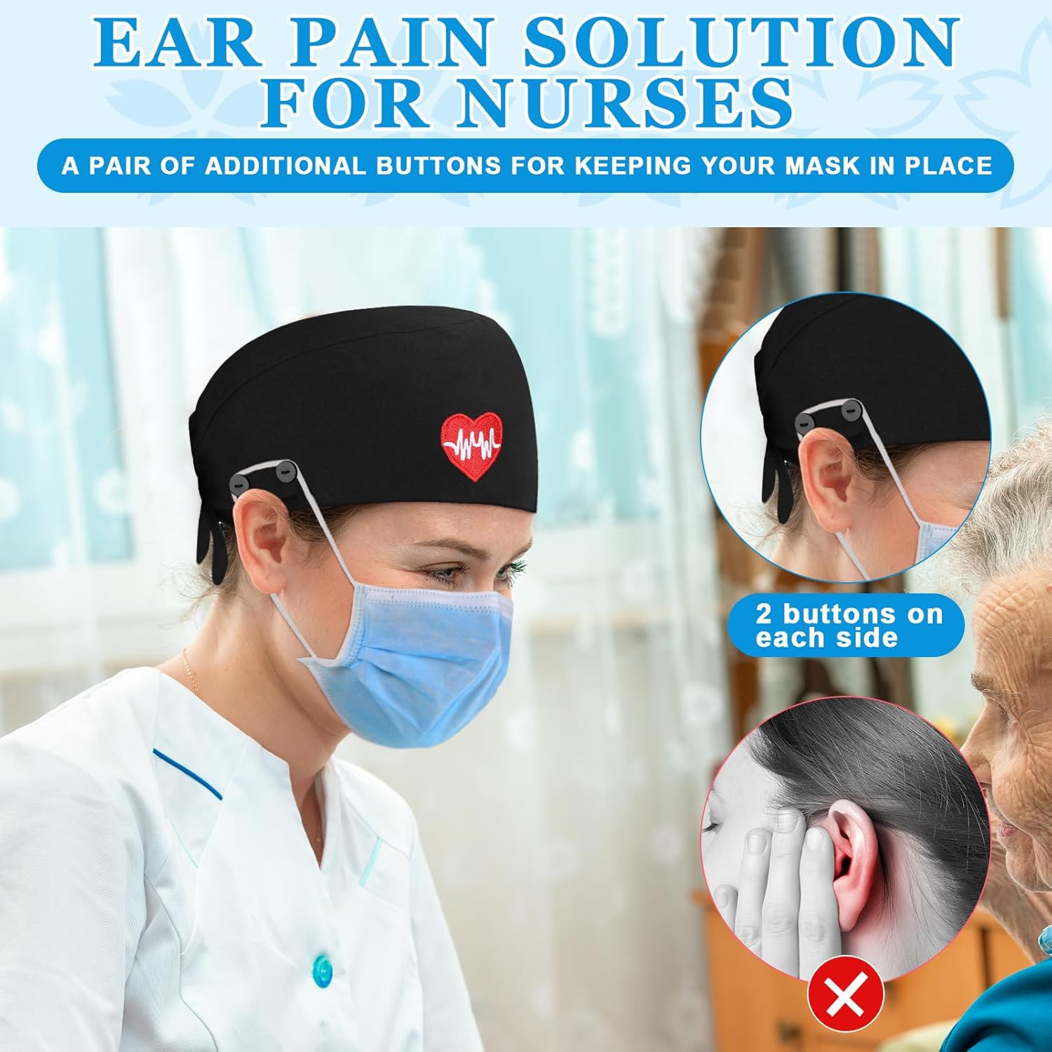 Unittype 4 Pcs Nurse Caps for Women Nursing Working Caps with Button and Sweatband Adjustable Elastic Scrub Hats for Dentist - Image 4