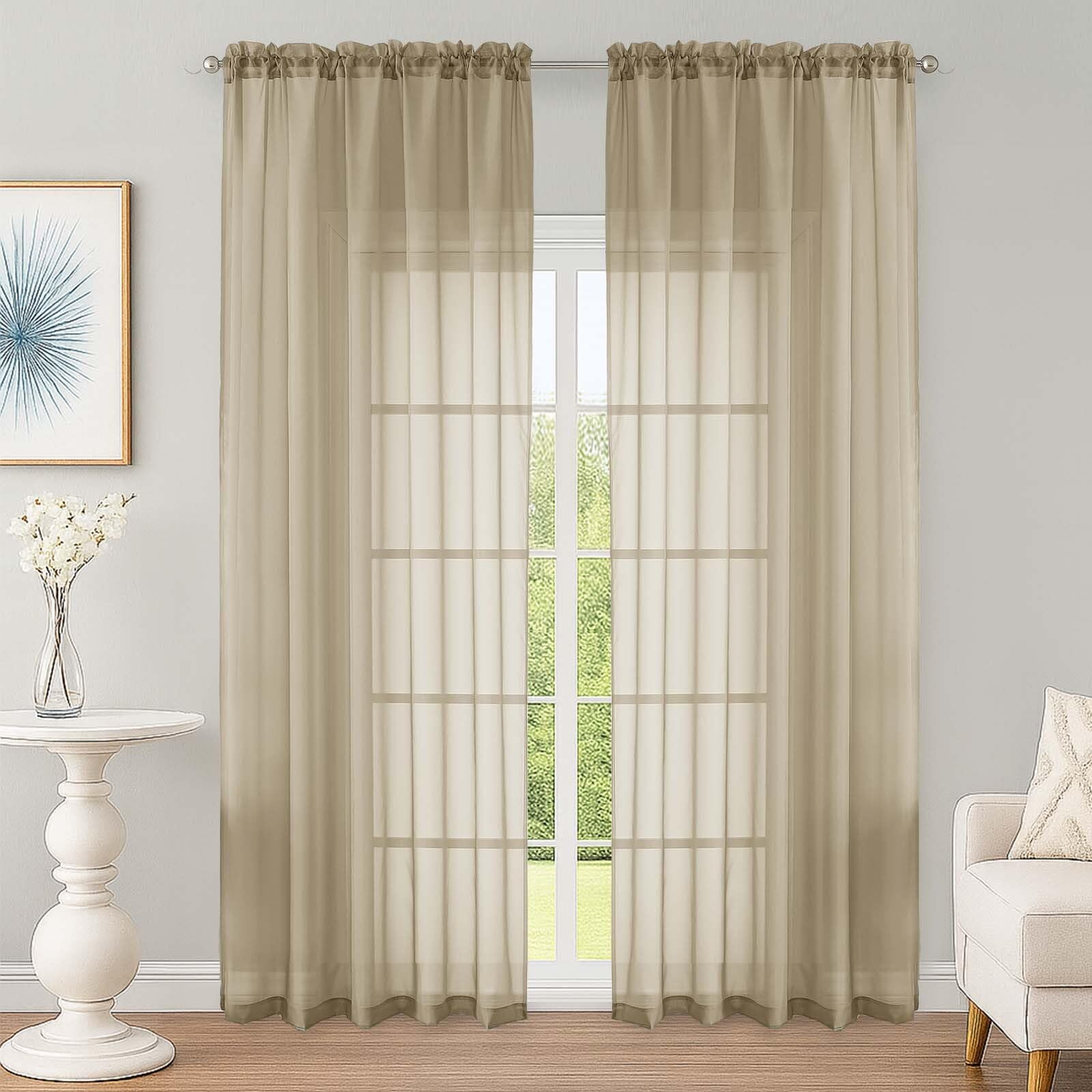 Taupe Sheer Curtain 90 Inches Long 2 Panels Set, Solid Filmy Drapes for Living Room Bedroom, Elegant Window Voile Sheer Curtain Panels Drapes, 2 Pcs, Each 59" Wx90 L Inch