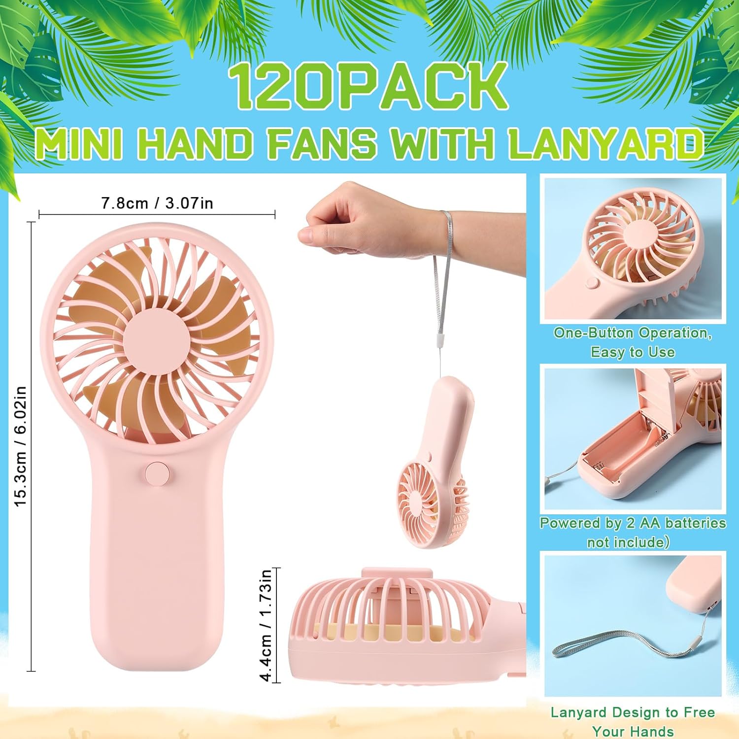 Woanger 120 Pack Mini Portable Handheld Fans Bulk with Lanyard Battery Operated Fans with 1 Speed Personal Portable Cooler for Summer Travel Indoor Outdoor Office Cooling Gift with Box (Aa,3 Colors)