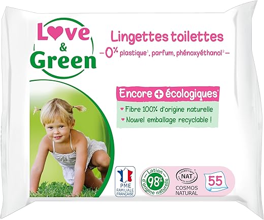 Love & Green Eco-Friendly Wipes - Pack of 55 Wipes - Cosmo Natural Certified by ECOCERT and FSC