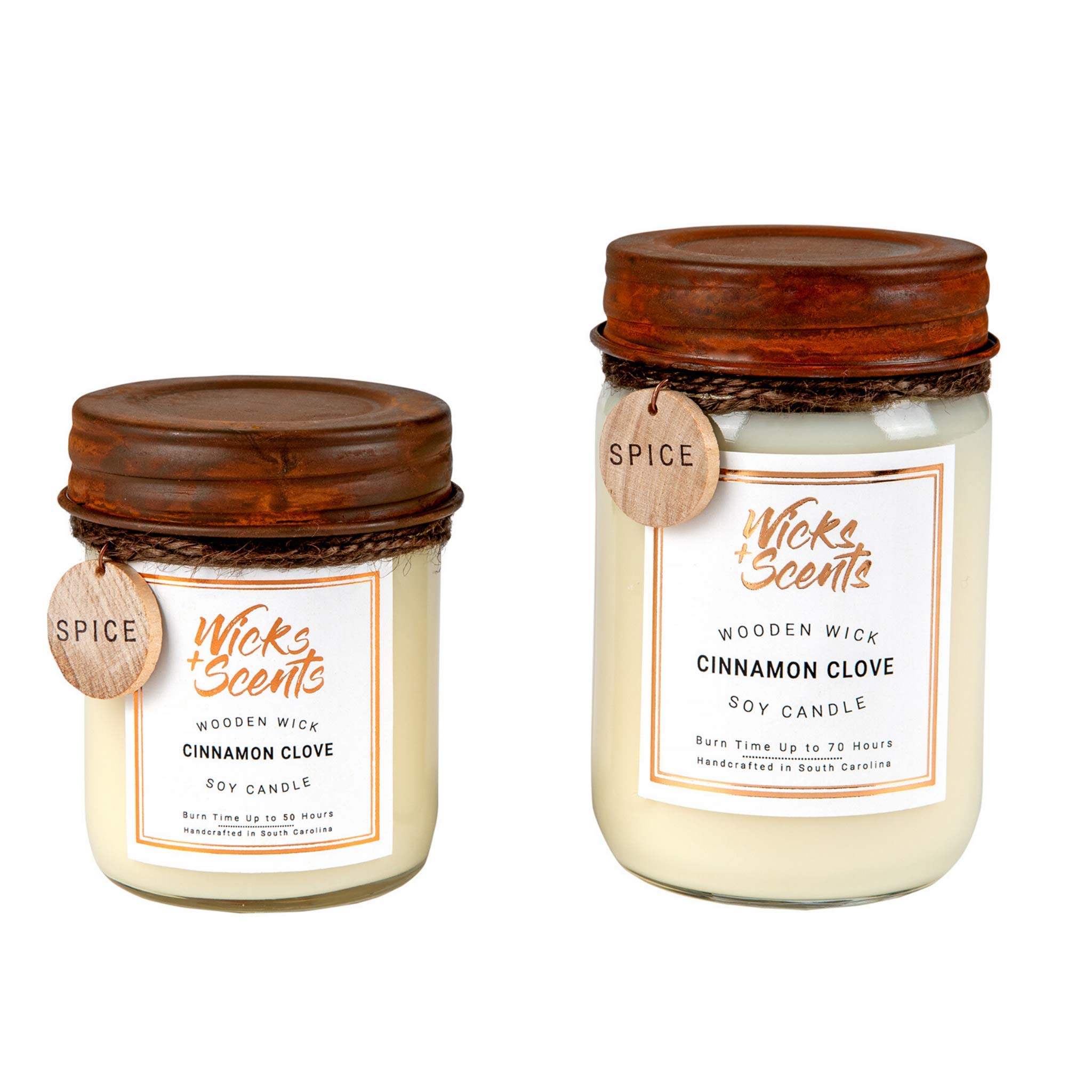 Wicks + Scents Cinnamon Clove Wooden Wick Soy Candle - 8 oz Recycled Glass Jar with Rustic Lid - Burn Time Up to 50 Hours