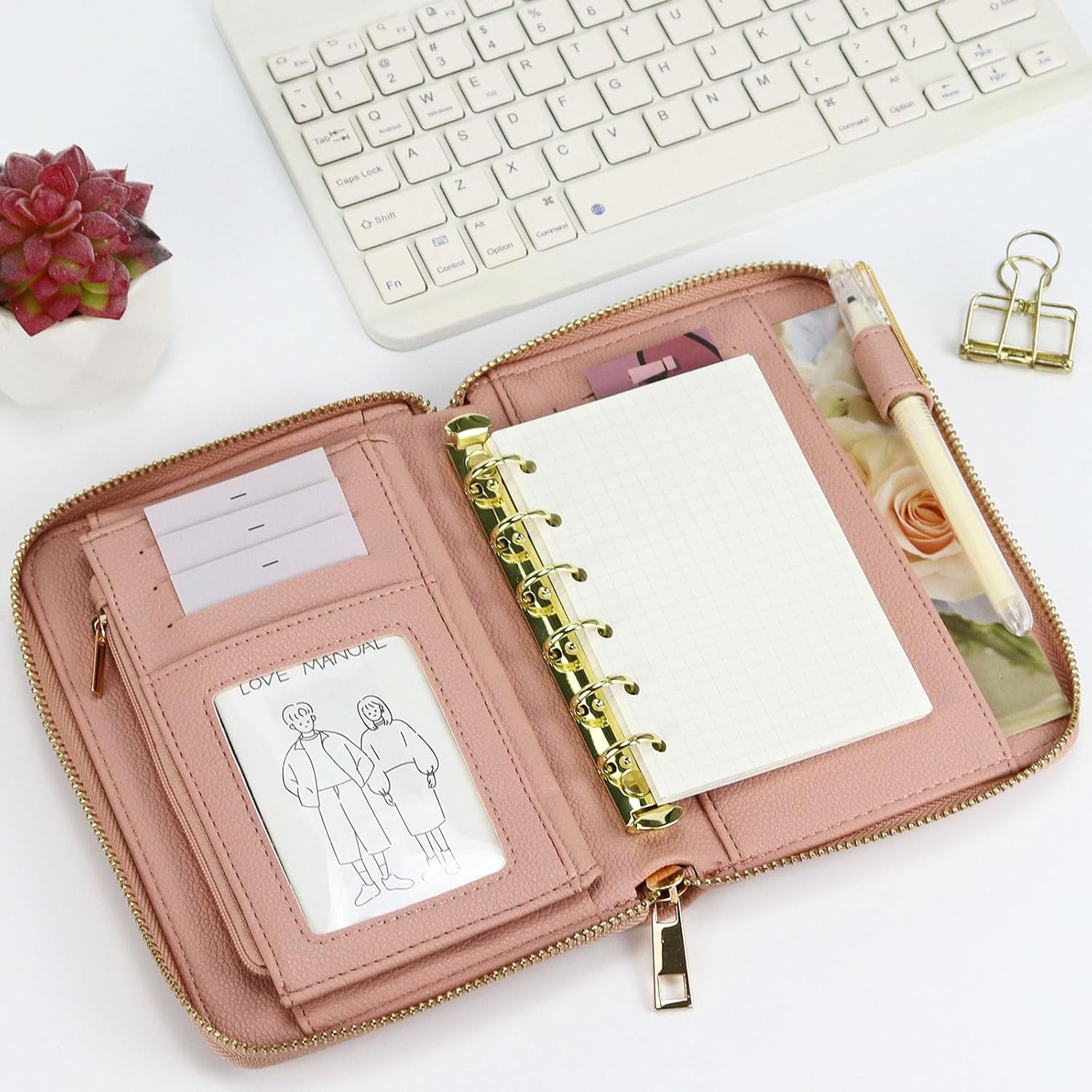A7 Leather Budget Binder Cash Envelopes System Wallet Budget Planner PU Leather Cover Notebook with Zipper 6 Rings Refillable Money Wallet Organizer for Cash Budgeting and Saving (Only Binder-Pink) - Image 9