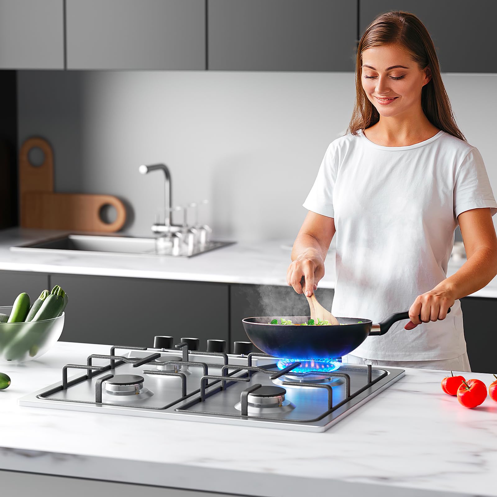 IsEasy Piano Cottura a Gas 4 Fuochi Incasso in Acciaio Inox, 60cm con Bruciatore da 7.2 kW, Sicurezza Termocoppia, Alimentazione Metano/GPL