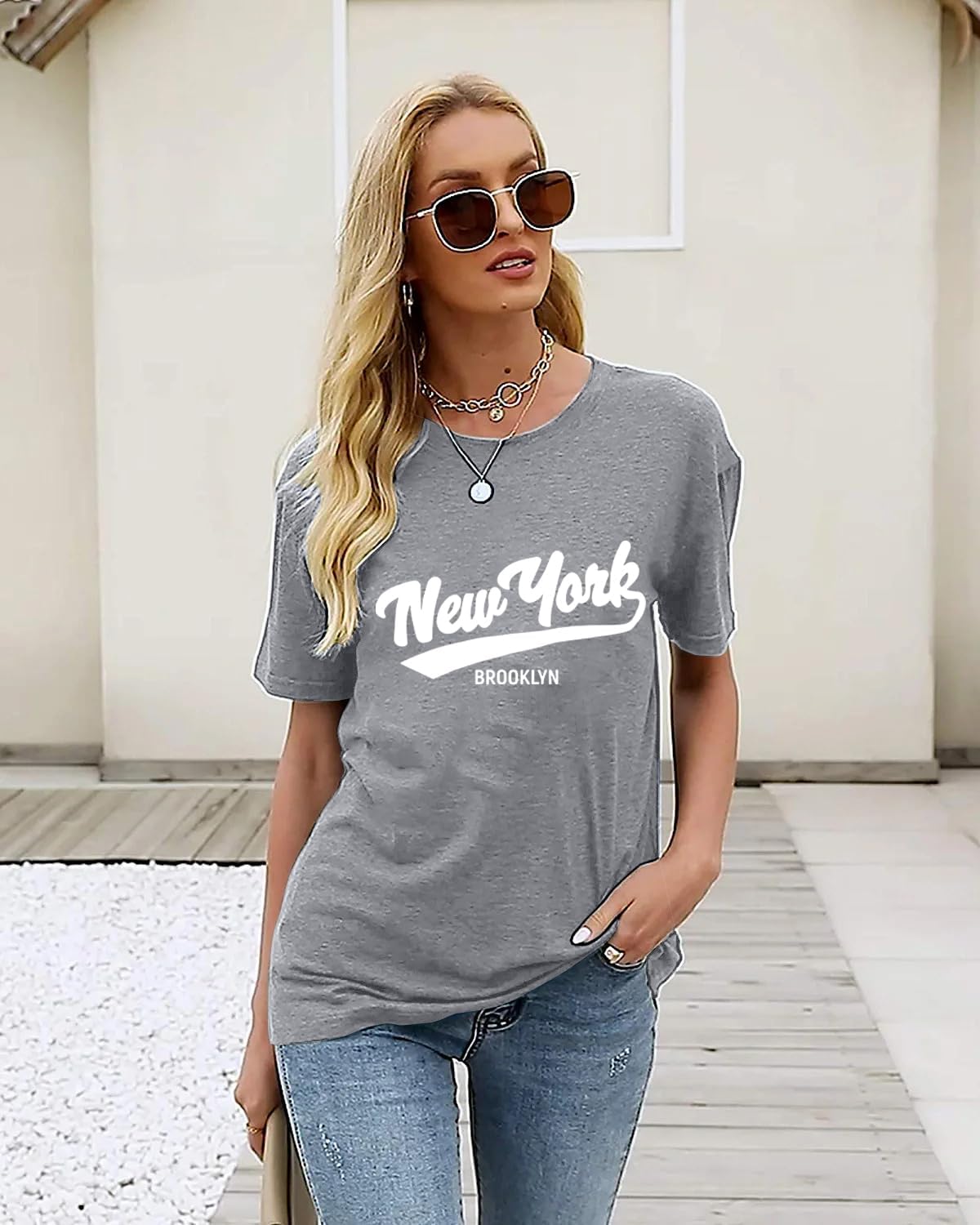 Retro New York Brooklyn Graphic Shirt Women Short Sleeve Blouse Casual Chic Tee - Image 2