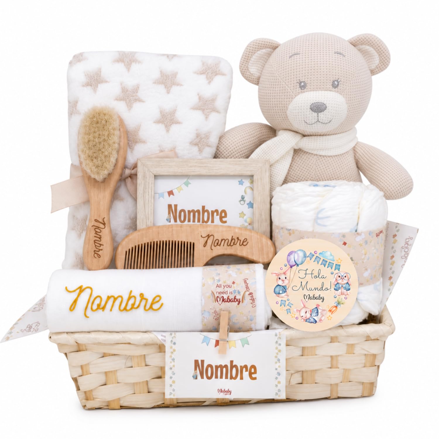 Cesta Bebé Recién Nacido Personalizada Mi Osito y Peluche