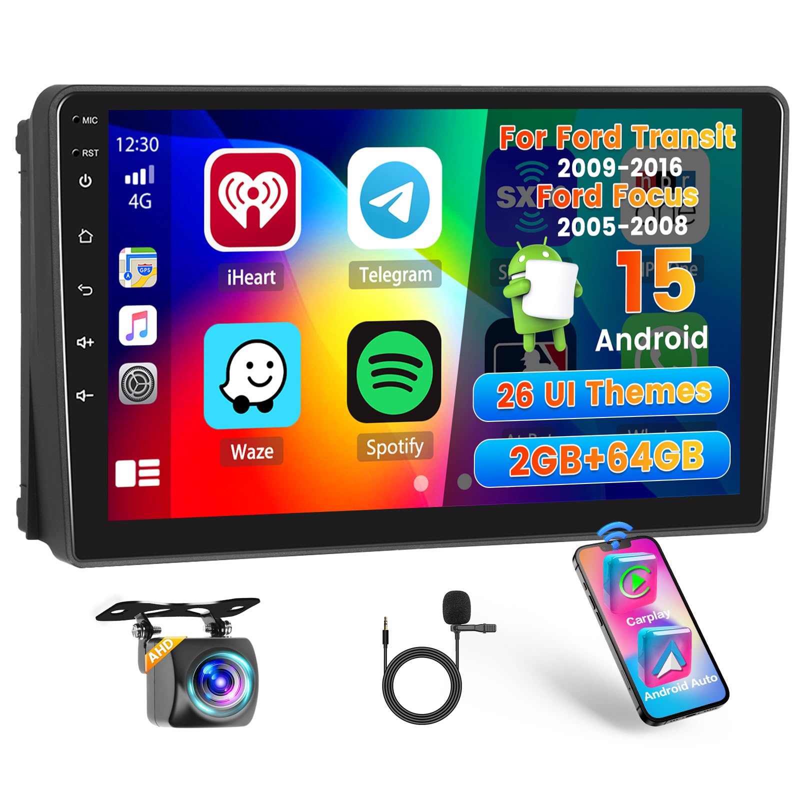 Hikity 2+64G Radio samochodowe dla Ford Fiesta Focus Transit Connect Kuga Mondeo S-Max z Carplay Android Auto, 9'' Android 13 Touch Screen Radio z Mirror Link FM/RDS EQ WIFI Bluetooth GPS SWC Kamera