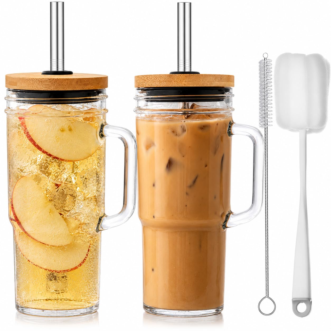 Gobelets Mason Jar de 710 ml avec poignée et paille pour café glacé et thé - Lot de 2