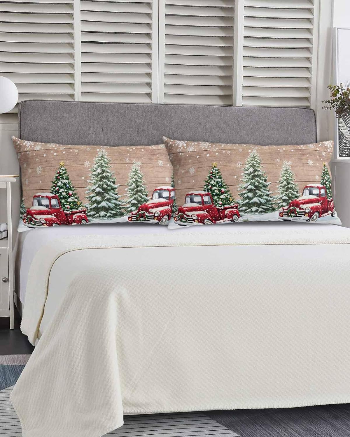 DecorLovee Christmas Red Truck California King Pillow Case - Microfiber Bed Throw Pillow Covers, Winter Farmhouse Snowflakes Wooden Grain Decorative Lumbar Pillow Cover with Envelope Closure 20"x40"