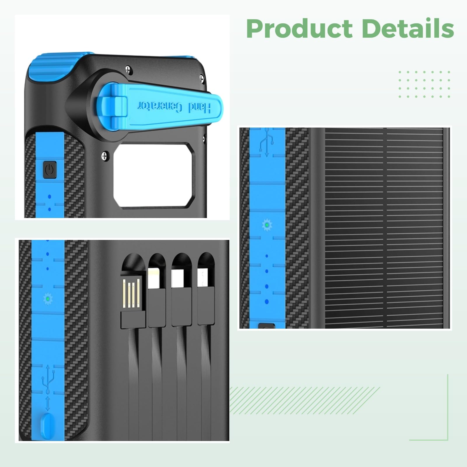 20000mAh Solar Powerbank mit Handkurbel Generator, Schnellladung Tragbares Ladegerät, 3 Ausgangskabel, LED-Taschenlampe und Campinglicht, UKCA-Zertifizierung, für Outdoor-Camping