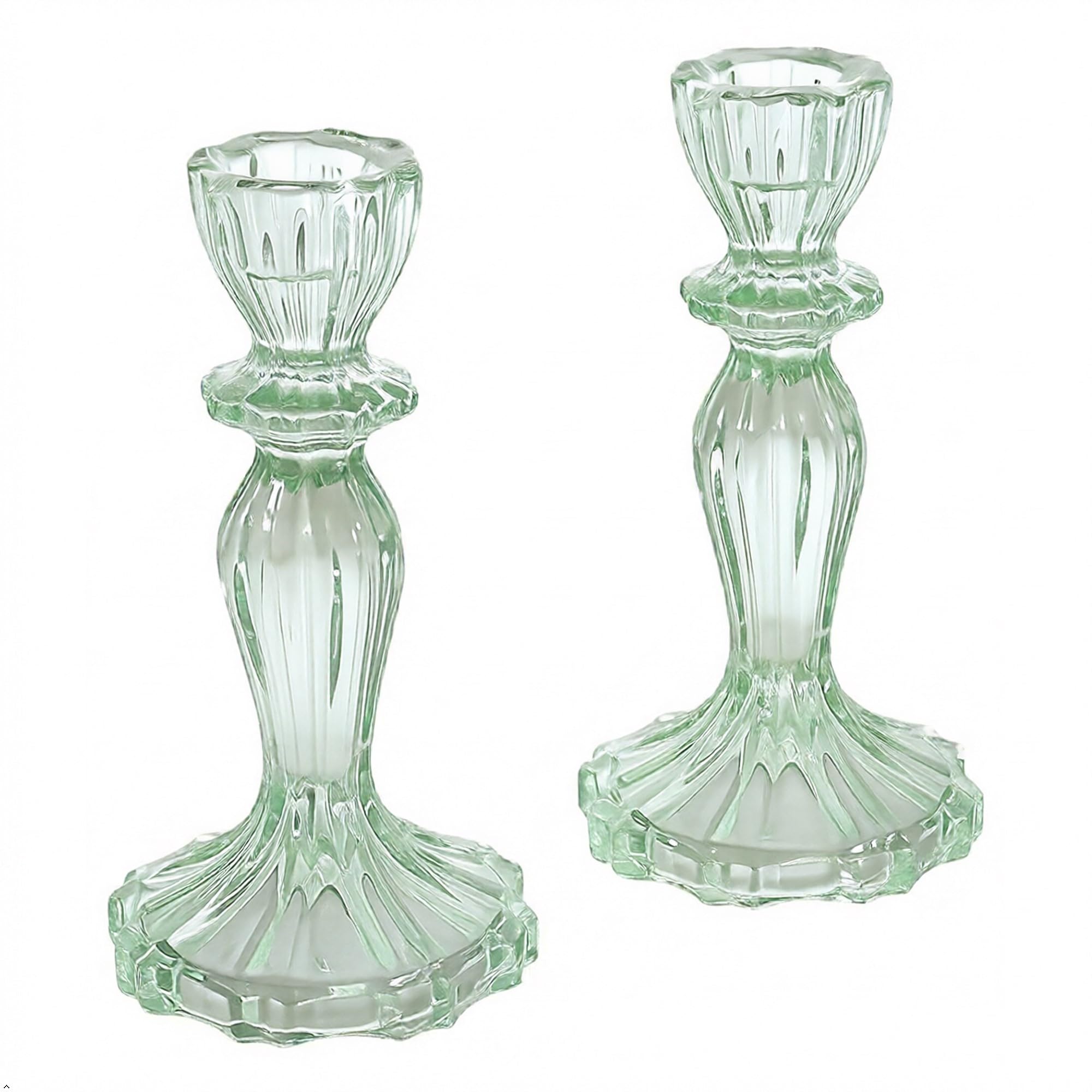 Elvida Interiors Light Green 2Pcs Vintage Coloured Glass Tall Candle Holders Candlestick Holders Pillar Holders (Light Green)