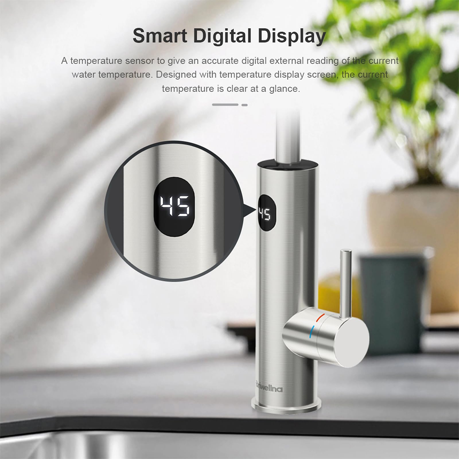 Grifo de agua caliente inoxidable con pantalla digital, grifo de calentador de agua instantáneo giratorio de 360 grados, grifo de calentamiento rápido, grifo de calefacción eléctrica